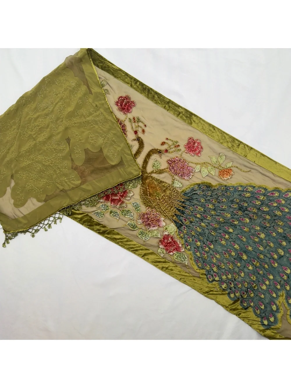 %100 SILK Vintage Beaded Velvet Peacock Scarf Wrap Shawl Olive Green Whimsigoth